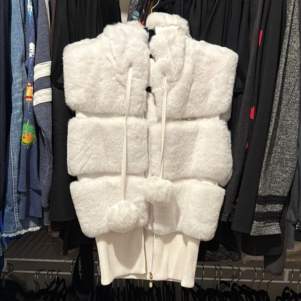 bebe Ivory Faux Fur Vest with Pom-Poms